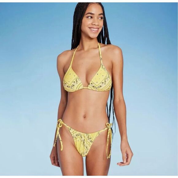 Wild Fable Yellow and Black Low Rise High Leg Tie Side Bikini Bottom Size Medium - Picture 1 of 4